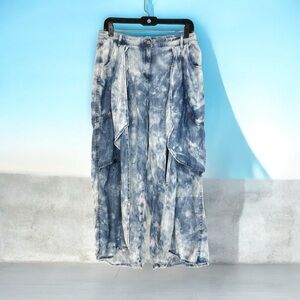 Boho blue Lyocell Chiffon ultra wide leg flared tie front pants.